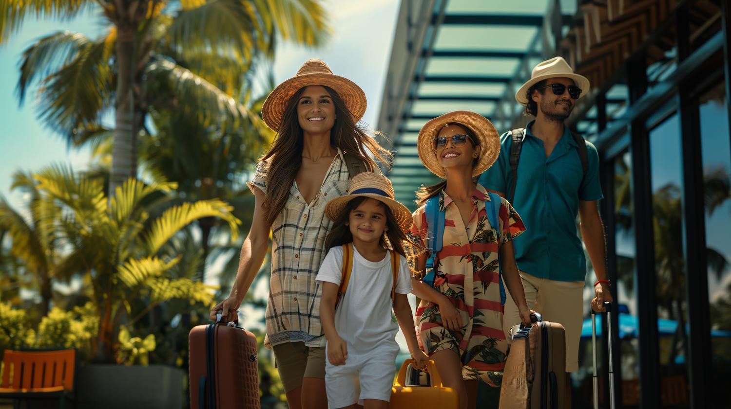A family arriving at a resort with luggage